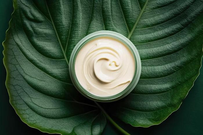 Face cream on a green leaf